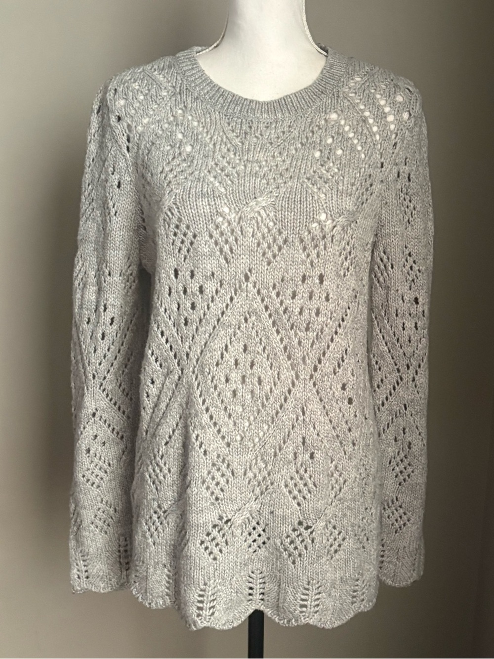 LOFT Grey Diamond Pointelle Open Knit Sweater Scalloped Hem Women's Size L Wool